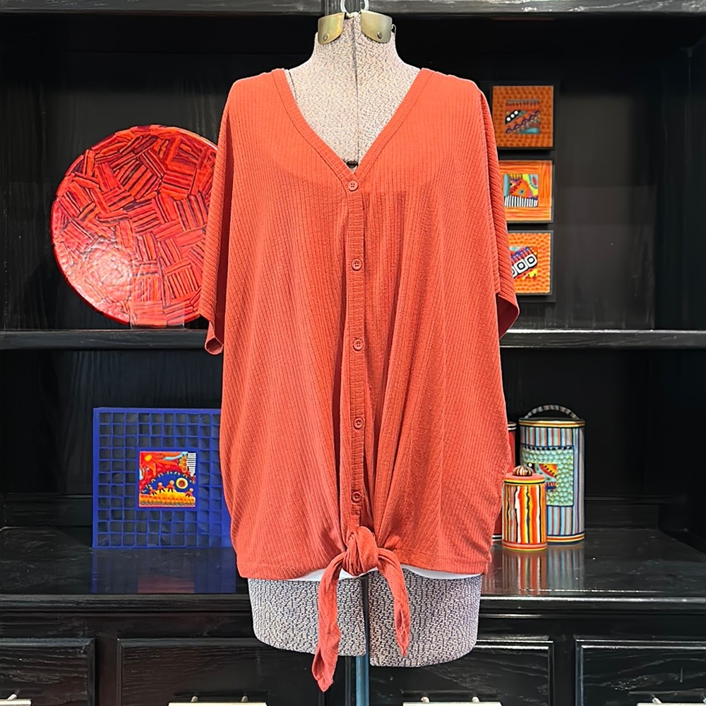 BP Oversized Soft V-Neck Button Up Tie Front Top In Terra Cotta Size Large